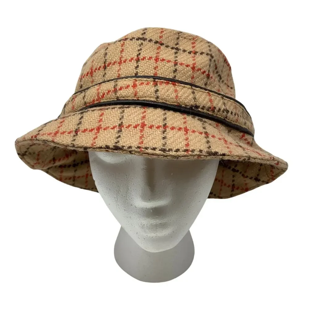 Y2K Coach Bucket Hat Womens Size M/L Tan Red Brown Plaid 100% Wool